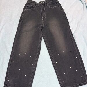 Grey Wide Leg Pearl-Accent Jeans for Women